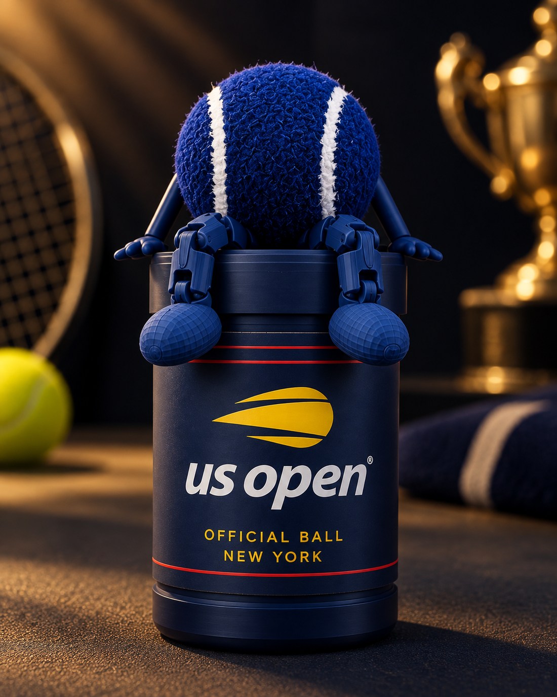 Peça US Open com seu tubo, em uma mesa de trabalho